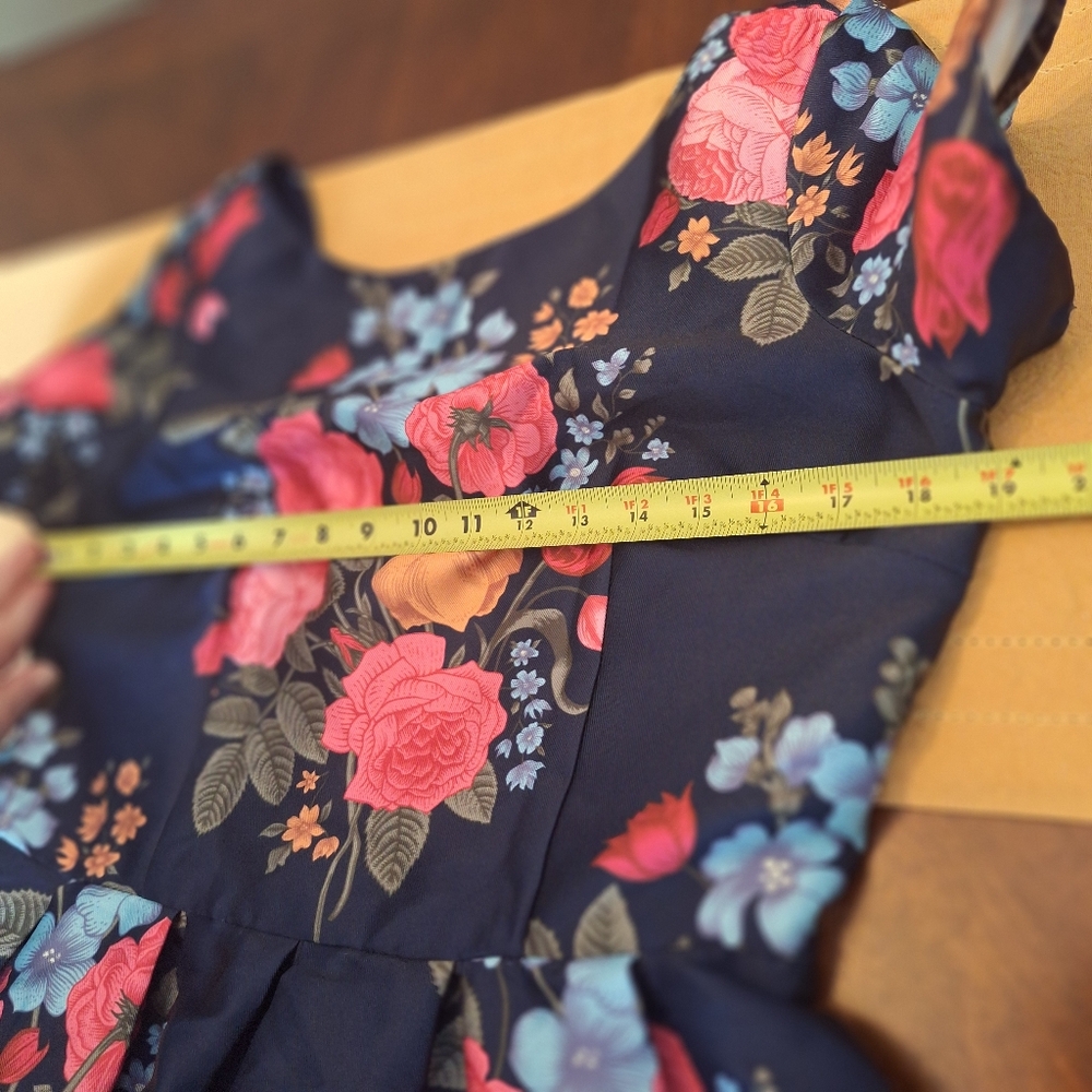 Floral Fit-and-Flare Dress in Navy with Pink Floral Print - Picture 10 of 14